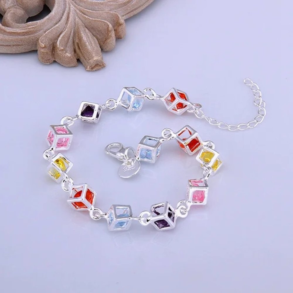 Beautiful Multi - Colored Box Style Ladies Bracelet .925 Solid Sterling Silver - Picture 5 of 5